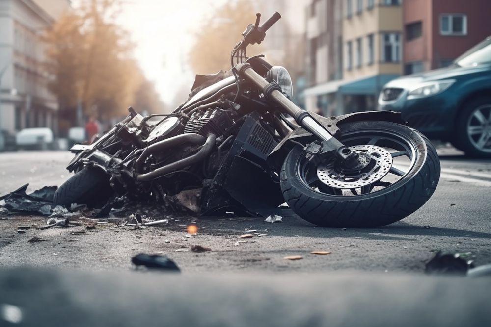 Fragments of a broken motorcycle on the pavement.