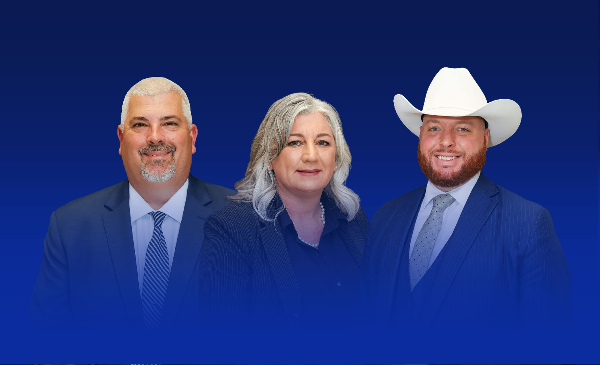 Three professionals in suits and hats on a blue background, posing confidently.