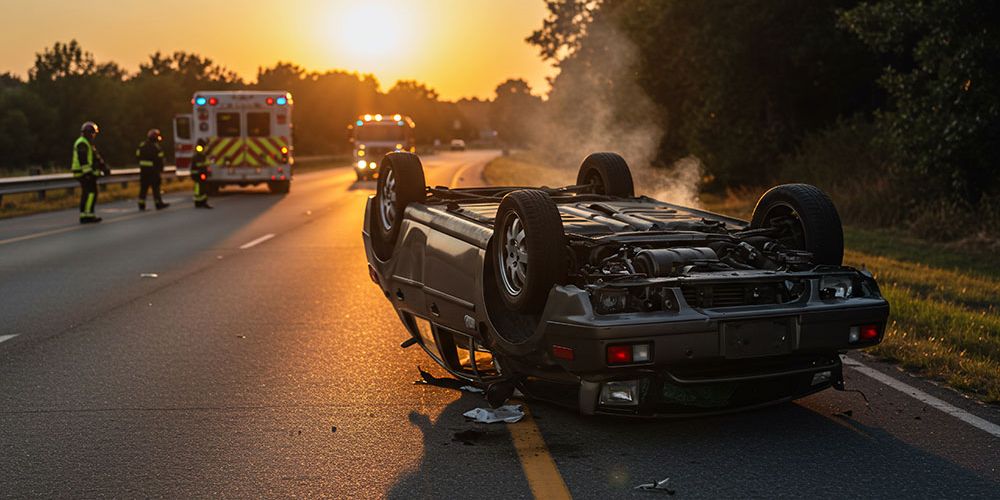 Overturned car on a highway at sunset with emergency responders and vehicles in the background.